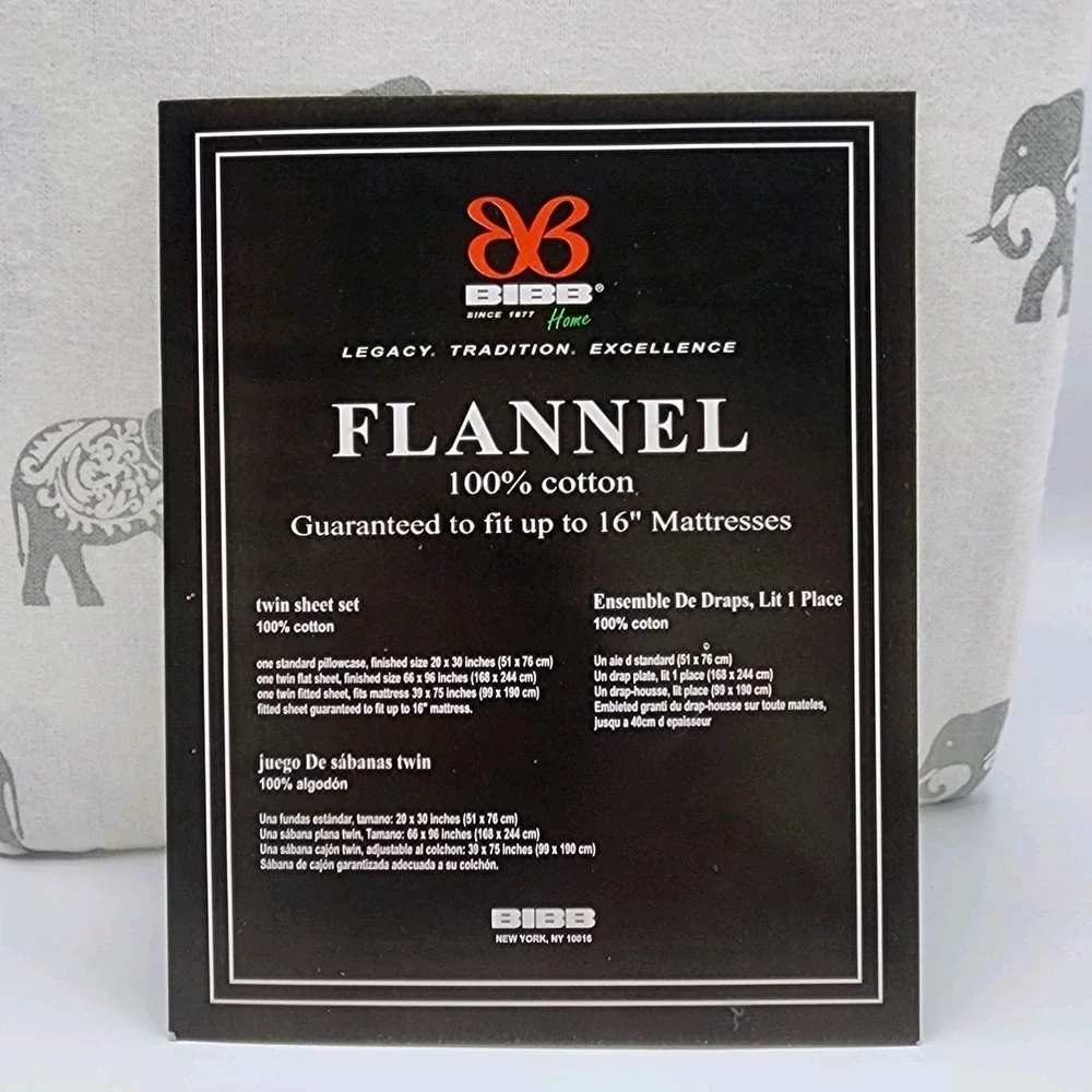 BIBB Home Twin Size Ivory Cotton Flannel Sheet Set‎ of 3pc With Gray Elephants